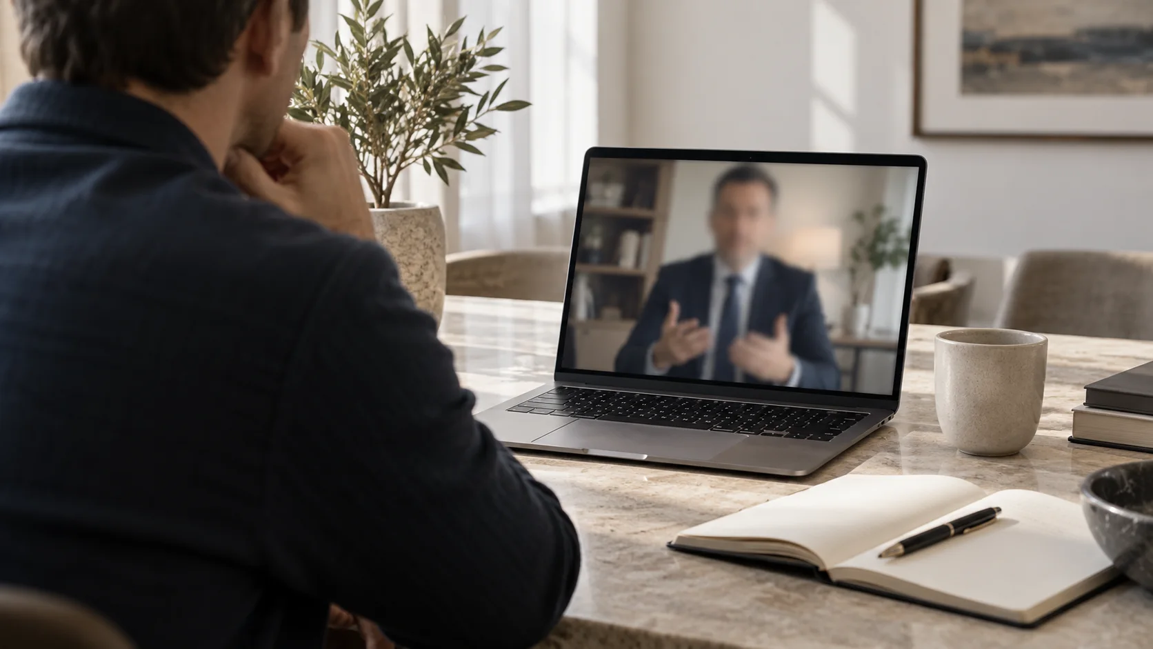 Szemléltető kép videókapcsolaton ügyvéddel beszélő ügyfélről